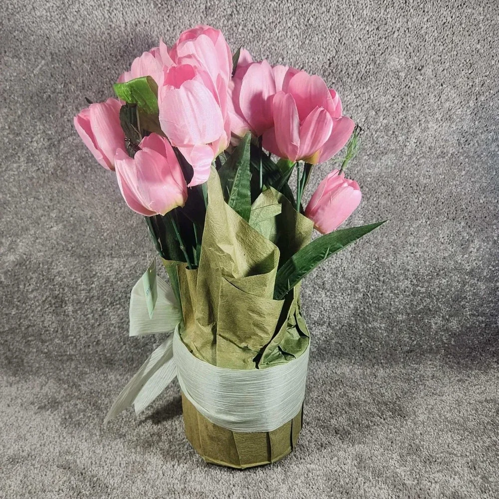 Spring Inspirations Potted Tulip Arrangement Pink Faux Floral Decor OS
